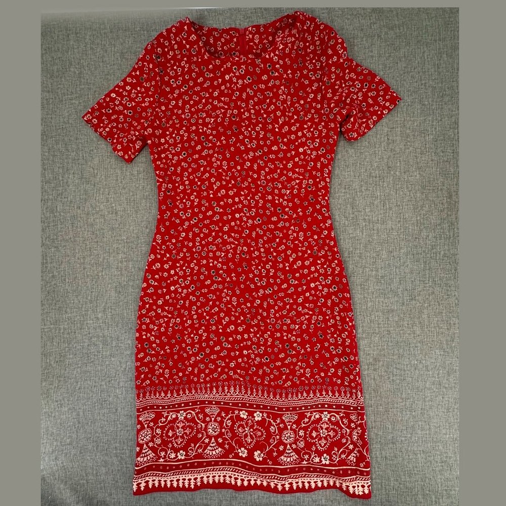 Vintage Paul‎ Harris Design Sheath Dress Floral Sz 2 Round Neck Short Sleeve Red
